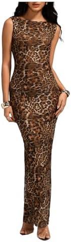 Milumia Women's Leopard Printed Boat Neck Maxi Dress Sleeveless Bodycon Party Club Tank Dresses, XS