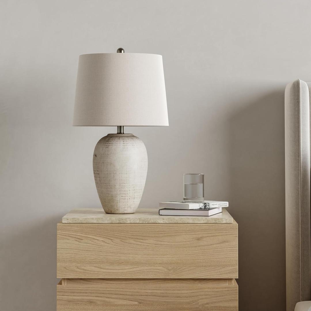 Nourison Home 23" Distressed Cream/Beige Rustic Ceramic Jar Table Lamp for Bedroom, Living Room, Dining Office, with Ivory Shade (Single)