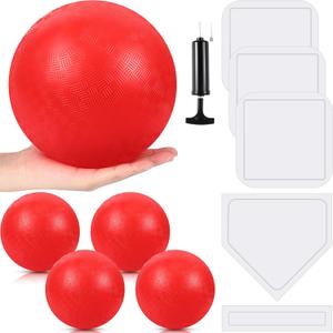 Hiboom 10 Pcs Kickball Set Includes 10 Inches Dodgeball Playground Balls 5 Rubber Throw Down Bases Needles and Ball Pump for Boys Girls Adults Backyard Game Camps Picnic Schoolyard Summer (Red)