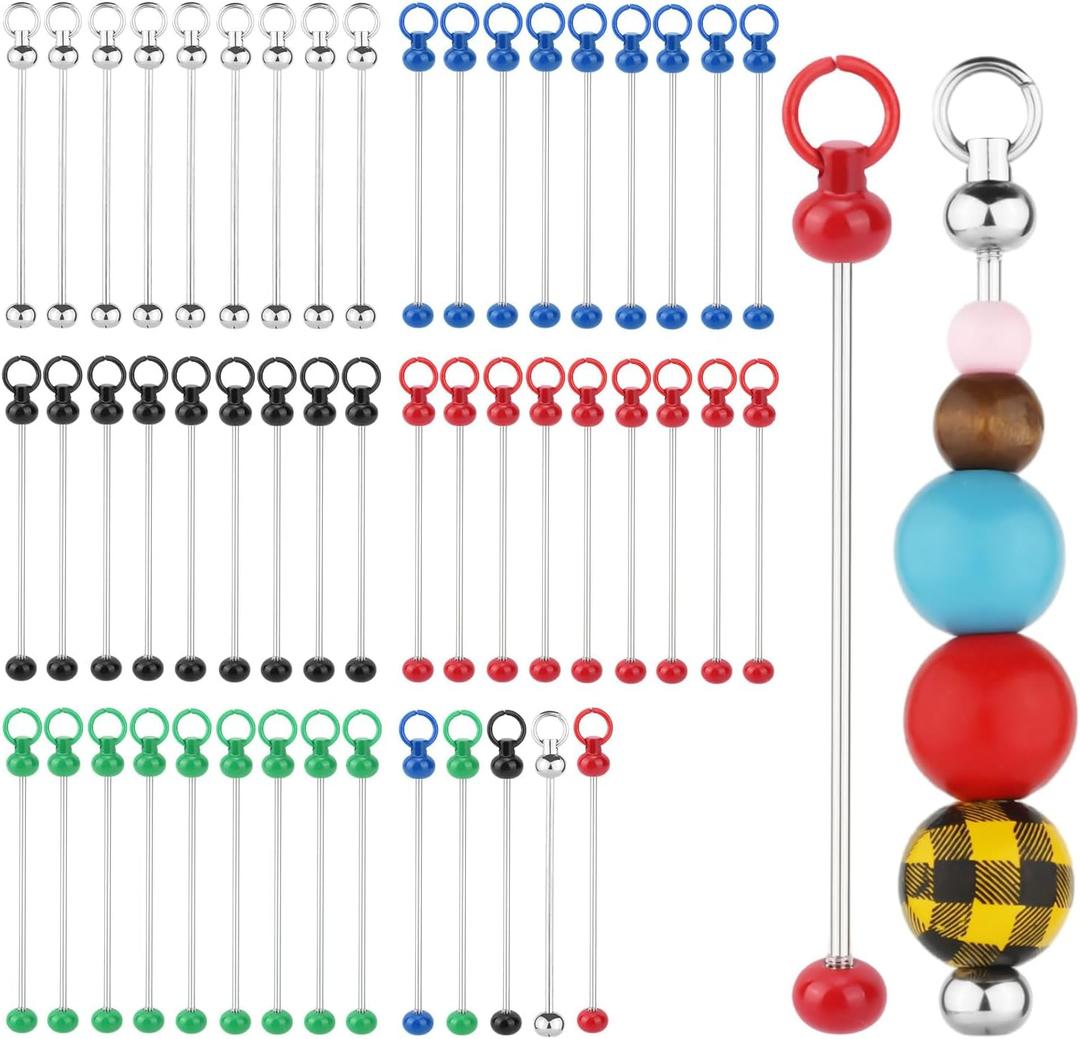 50pcs Blank Beadable Keychain Bars, Metal DIY Bead Keychain Eady Detachable Key Chain Making Gift Accessories for Craft Project Pendant (Silver, Black, Bright Red,Dark Blue, Green)