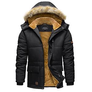 TACVASEN Coat for Men Winter Jacket with Hood Water Repellent Windbreaker Warm Fleece Hiking Jacket Black