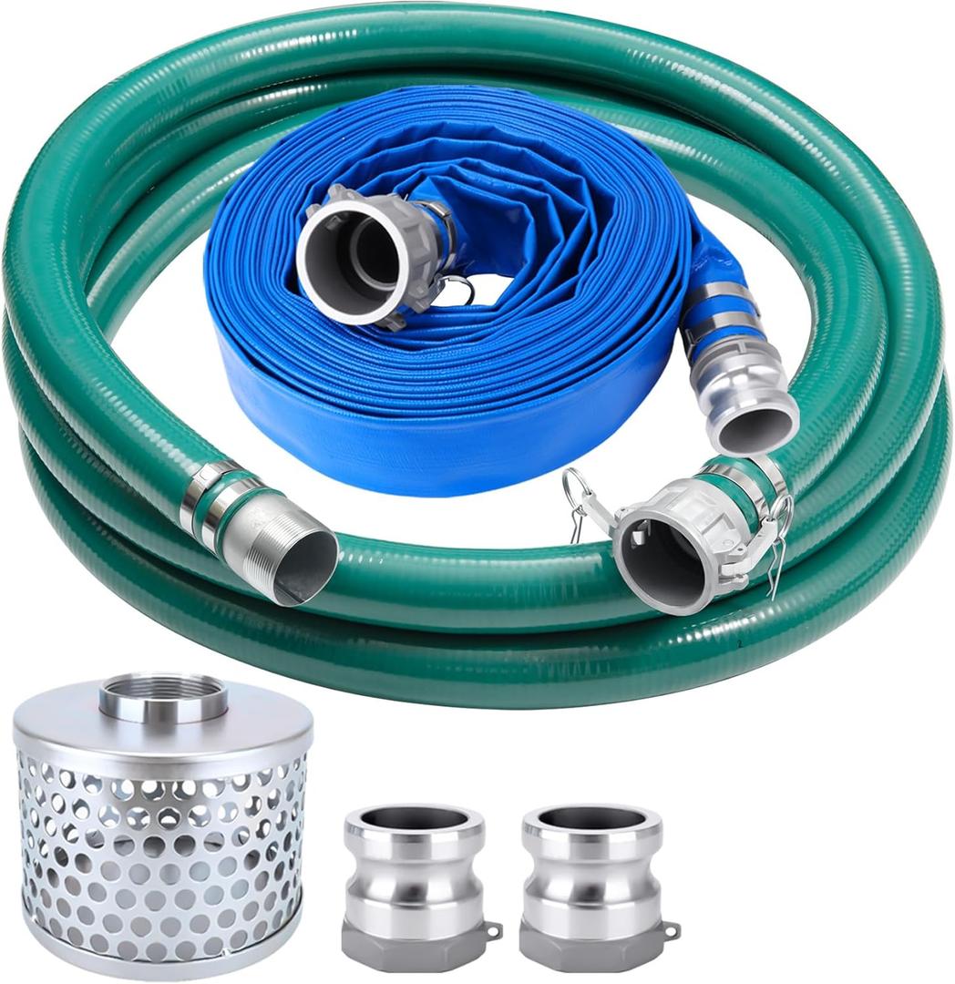 1 1/2 Inch Suction Hose Pump Kit for Water/Trash Pump Includes 1.5" X 65ft Blue Discharge Hose & 1.5" X 20ft Green Pvc Suction Hose & Aluminum Round Hole Suction Strainer, Cam And Groove Adapter
