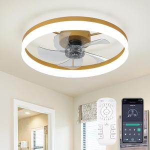 Ceiling Fans with Lights, 20" Gold Flush Mount Ceiling Fan with Remote, 6-Speed Low Profile Smart Fan for Bedroom, Kitchen, Kids Room, Small Room