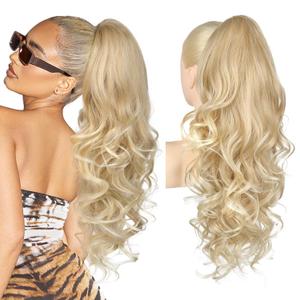 REECHO Ponytail Extension, 24" Claw Clip in Long Curly Wavy Ponytail Hair Extension Jaw Clip on Pony Tails Hairpiece for Women - Dark Blonde with Light Ends