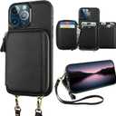 Bocasal RFID Blocking Wallet Case for iPhone 13 Pro Max, Adjustable Crossbody Zipper Purse Case Card Holder with Kickstand Detachable Wrist Strap, PU Leather Flip Folio Case 6.7 Inch 5G (Black)