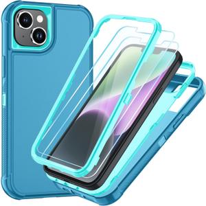 SunStory Compatible with iPhone 14 Plus Case with HD Screen Protector, 3-Layer Heavy Duty Full-Body Cover,3 in 1 Hybrid Protective Case for iPhone 14 Plus 6.7",LakeSkyBlue
