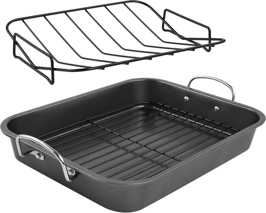 kitCom Nonstick Roasting Pan, Roaster with Rack - 16 Inch Rectangular Grill Suitable for Turkey, Roast Chicken, Ham, Dishwasher Safe (9.5QT) (16.1 x 11.61 x 3.35 inches)