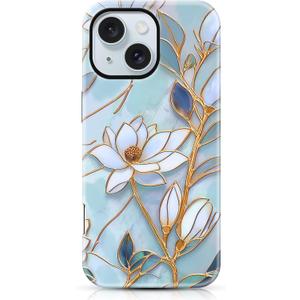 for iPhone 15 Case, Stained Glass Floral Flower Vintage Design Cover, Elegant Glossy Aesthetic Hybrid 2-Layer Hard Shell Shockproof Phone Case for Girls Women 6.1", Blue Flowers