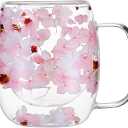 Real Flowers Inside Clear Glass Tea Cup, Double Wall Borosilicate Coffee Mug for Latte Cappuccino, Cute Aesthetic Floral Glassware, Romantic Gifts for Her Girlfriend Sister (Pink)