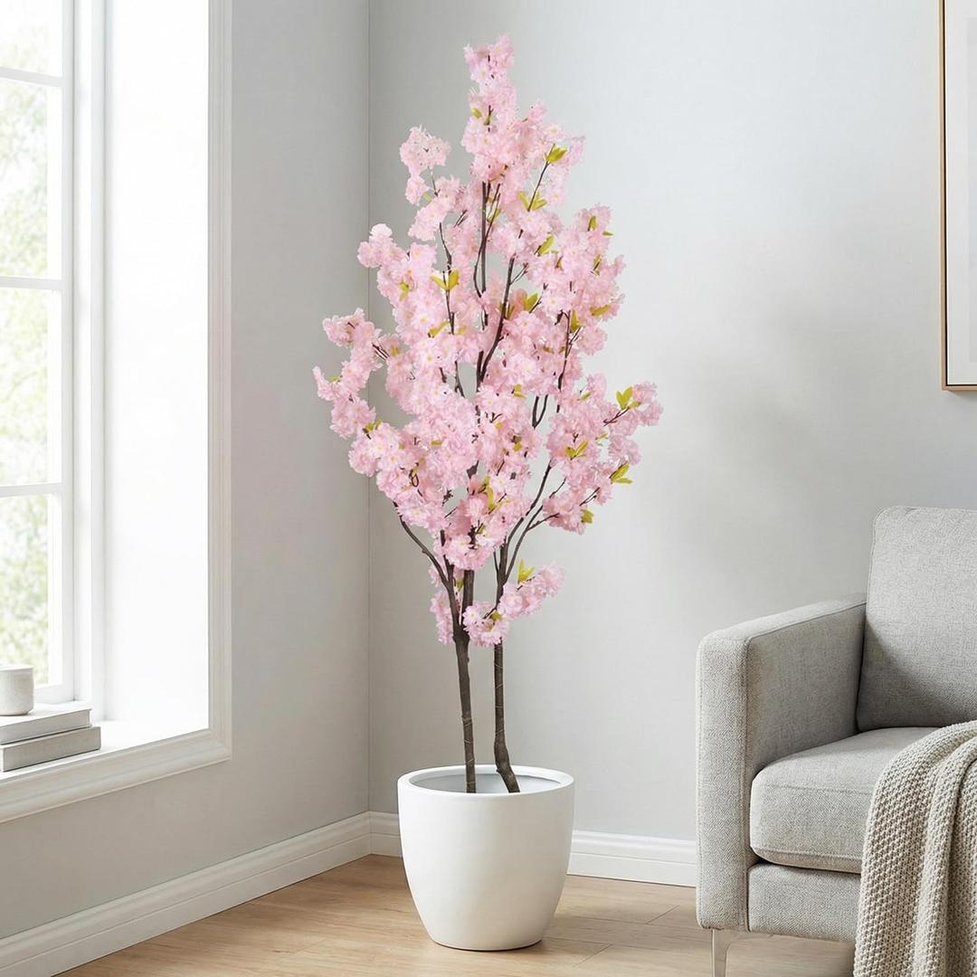 Artificial Pink Cherry Blossom Tree 7ft(84in) Faux Floor Green Plant for Indoor Decor Natural Potted Tree Realistic Cherry Flowers Wood Trunk for Home Living Room,Office Perfect Housewarming Gift