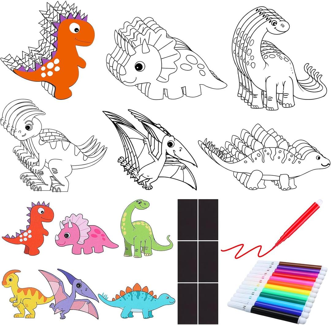 Gemscream 30 Pcs Dinosaur Painting Crafts Kit for Kids Magnets Color Your Own Dinosaur Cutouts Party Favors for Kids DIY Art Birthday School Classroom Activities Ornaments, Max Side 3.15 Inches