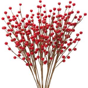 12Pcs Artificial Red Berries Stems, 13.5" Waterproof Burgundy Berry Picks Branches with 25 Berries, Holly Berry Picks for Christmas Tree Decor Wreath Crafts Flowers DIY Garland Candle Rings