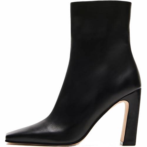 Lovee Cosee Black Ankle Boots for Women 2025 Booties for Women Chunky Heel Square Toe Heeled Boots Comfort Leather Fall Winter Party Office Date Night Travel Casual Outfit, Size 7.5