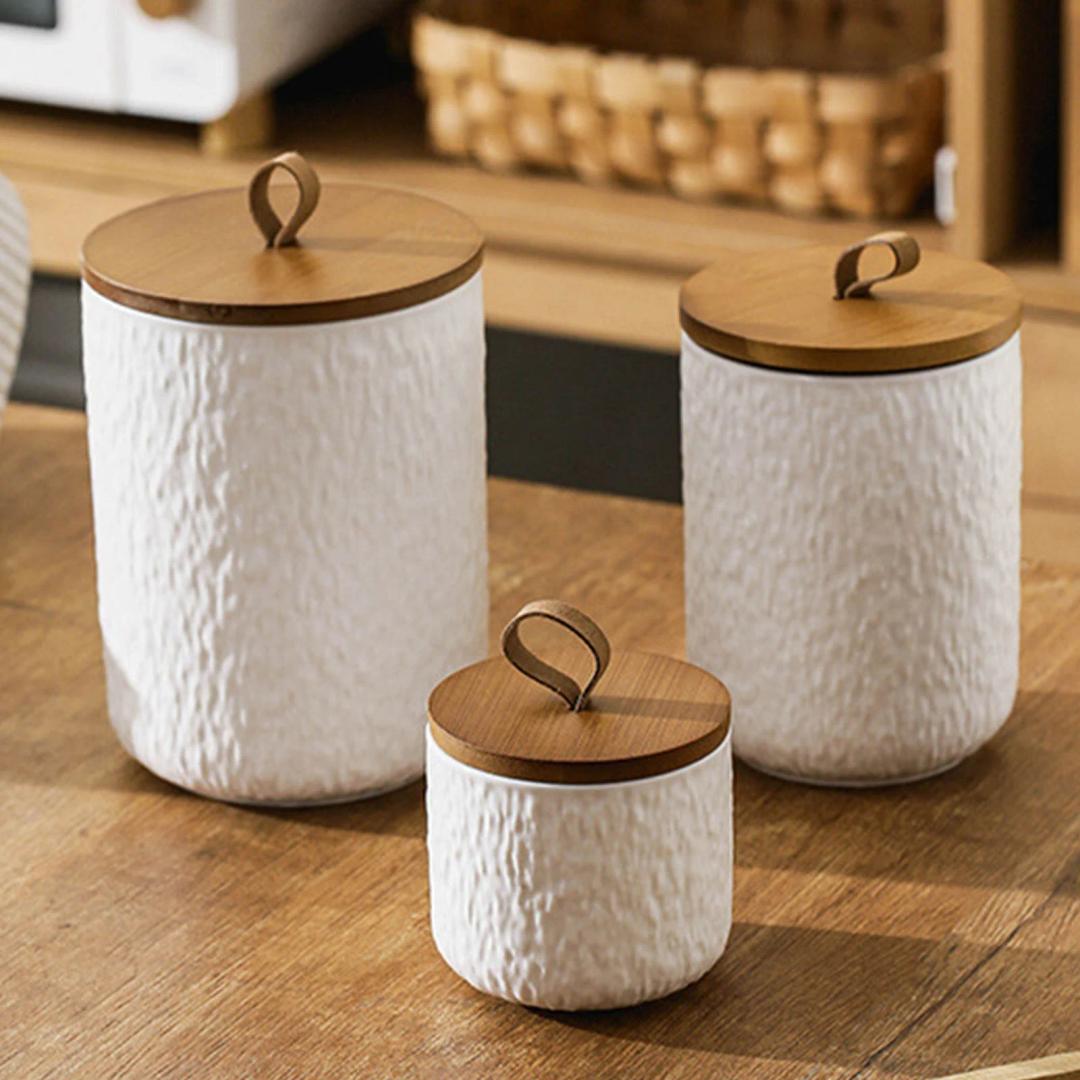3 Pcs White Ceramic Canister Set with Wooden Lid, Airtight Food Storage Jars for Kitchen - Flour, Sugar, Coffee, Tea, Spice - Small, Medium, Large Sizes