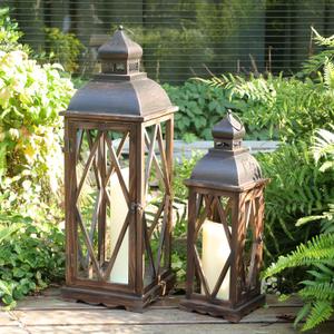 DECORKEY Large Farmhouse Wooden Metal Lantern Set of 2, 30''/22'' H Rustic Decorative Indoor & Outdoor Hanging Candle Lanterns, Wooden Outdoor Lanterns for Patio Front Porch Table, Brown