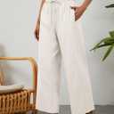 Womens Cotton Linen Pants Wide Leg Summer Trousers with Pockets | Boho Loose Fit, Drawstring Waist, Long Lounge Trousers (Beige, M)