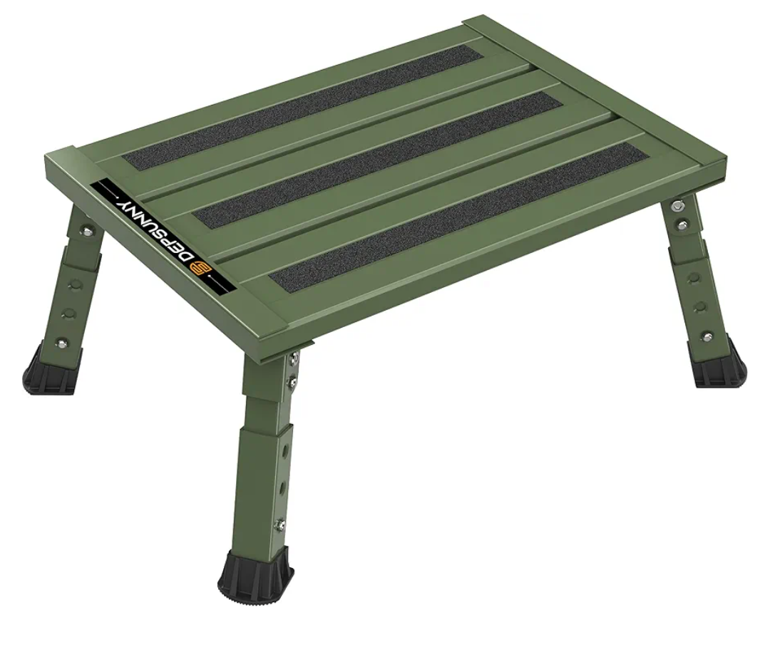 Adjustable RV Step Stool, 3-Step Height Adjustment, Foldable Legs, Wide Anti-Slip Surface,Supports Up to 1,000 lb, Premium Aluminum Construction Easy to Carry (Army Green)
