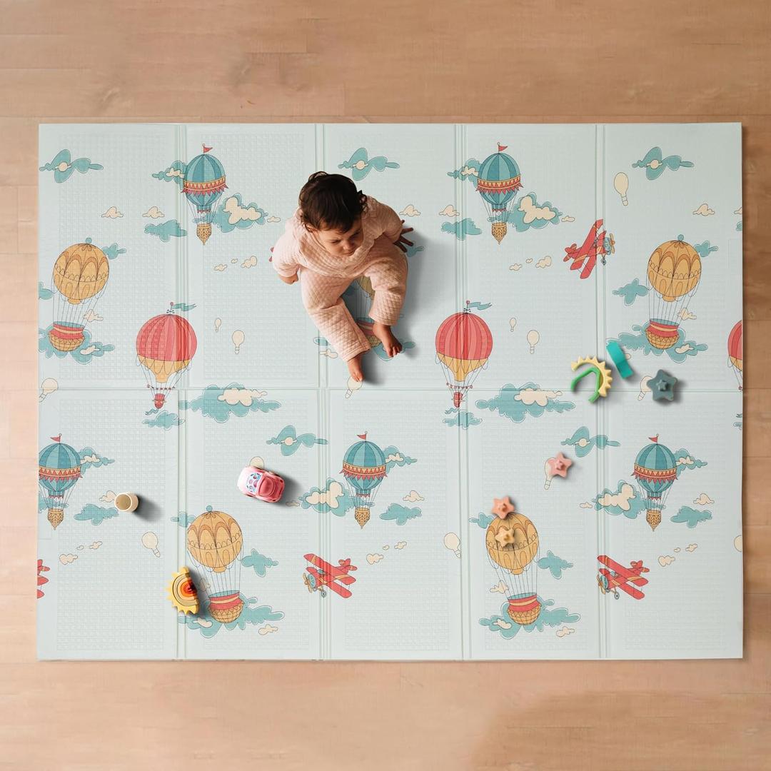 Nuby Reversible Baby Floor Mat - Foldable and Lightweight Foam Infant Play Mat - 77" x 58" - Easy Storage and Travel - Hot Air Balloons/Stripes