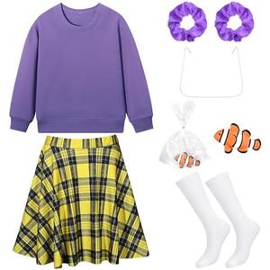 JcHrmers Shaking Fish Bag Costume Purple Sweatshirt Yellow Plaid Skirt Knee High Socks Hair Ties Goldfish Fake Braces, Size Large