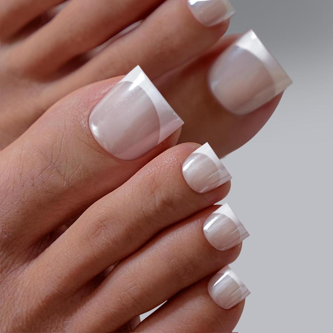 BTArtbox Press On Toenails - Lamp-Curable Sharp Square French Tip Toe Nail Press Ons with Glue for Women, Semi-Transparent Fake Toe Nail Tips in 15 Sizes - 30 Toenails Kit, Alabaster