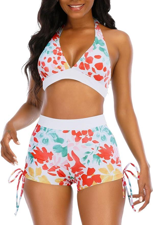 Womens High Waisted Swimsuits with Boy Shorts Brazilian Triangle Top Halter Bikini Tummy Control Two Piece Bathing Suits Tie Dye Floral, L