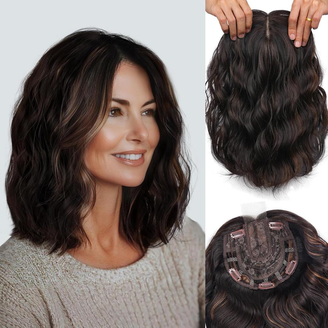 LEEONS Short Wavy Hair Topper 11inch, 6.5x6.5 Base Lightweight Synthetic Hairpiece, NaturalLooking for Women to Add Volume & Cover Thin Hair