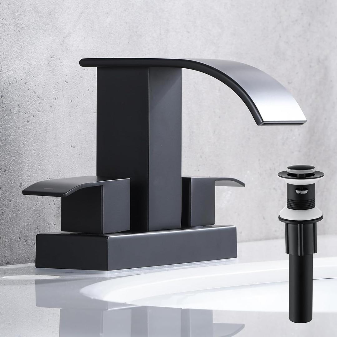 Black Waterfall Bathroom Sink Faucet with Pop up Sink Drain Stopper Overflow for Faucet Vessel, 4 Inch 2 Handles 2 or 3 Holes Centerset Faucet for Lavatory Bathroom Sink with Supply Lines