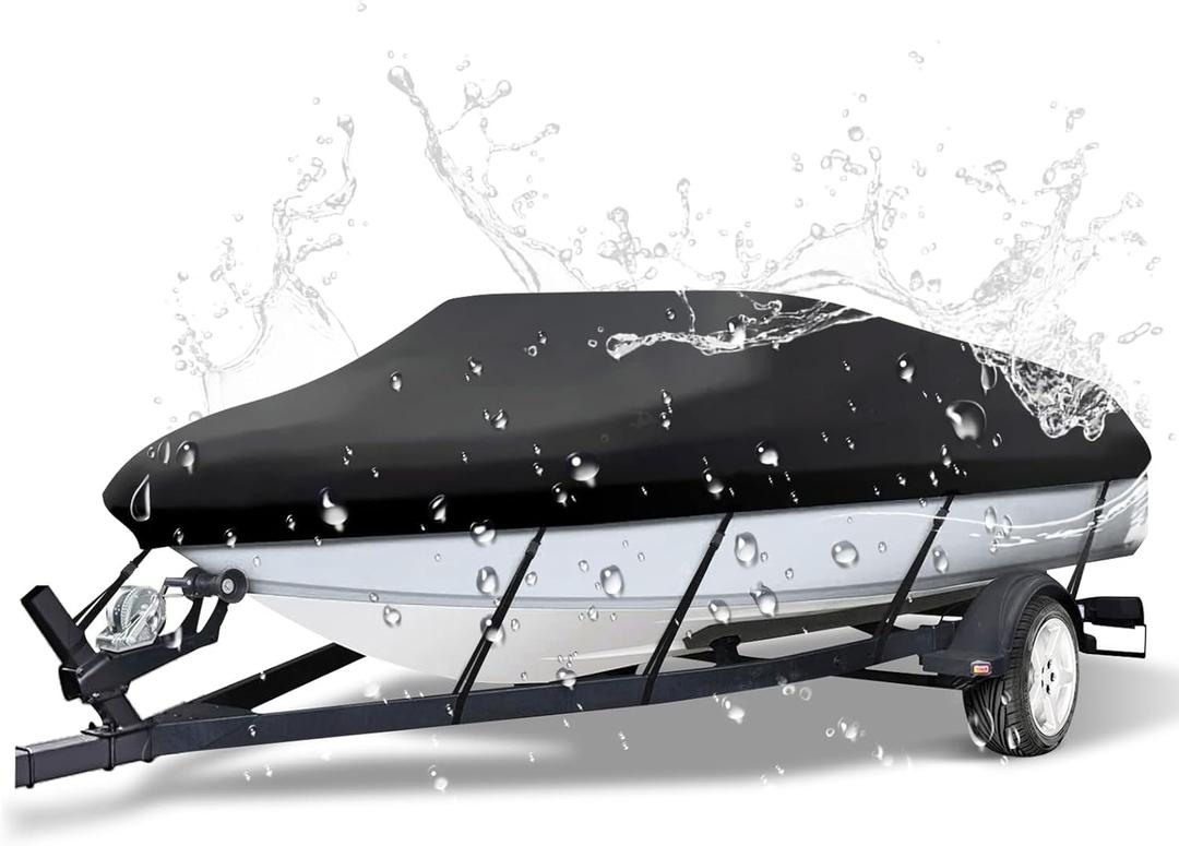NEVERLAND Trailerable Boat Cover Waterproof Heavy Duty Marine Grade Polyester Canvas Fits V Shape/V-Hull and Tri-Hull Runabouts, Pro-STYL, Bass Boats (Boat Length 20-22ft, Beam Width up to 102",Black)