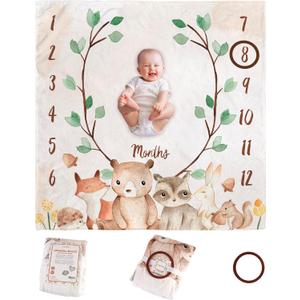 Monthly Baby Milestone Blanket,47"x47" Premium Fleece Baby Monthly Milestone Blanket with Felt Marker, Baby Boy or Girl Month Age Growth Blanket - Woodland Nursery Animals