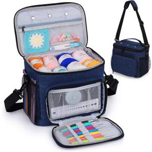 Aeelike Yarn Storage Organizer Travel Crochet Bag, Large Capacity Tote Bags Knitting Bag for Carrying Projects, Knitting Needles,Crochet Hooks and Yarn, Blue