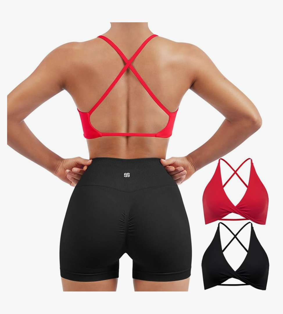 SUUKSESS Women 2 Piece Open Back Strappy Sports Bra Pack Twist V Neck Workout Crops M