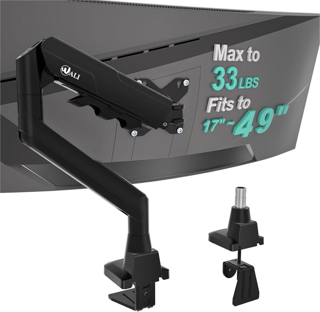 WALI Heavy Duty Single Monitor Arm for 17-49 Inch Flat Curved Ultrawide Screens, up to 33 Lbs, Adjustable Single Monitor Desk Mount for Home Office Gaming, VESA 75/100mm (GSM001XLN), Black