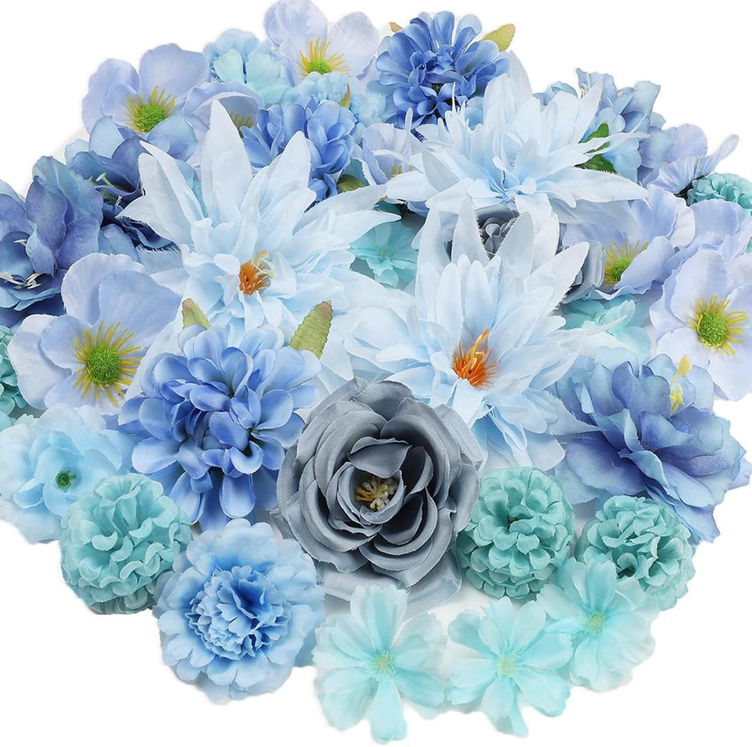 56 PCS Faux Flower Heads Combo Blue Silk Flowers Mix Peony Rose Hydrangea Fake Florals for DIY Crafts Graduation Cap Wedding Centerpieces Arrangements Party Bridal Baby Shower Home Decorations