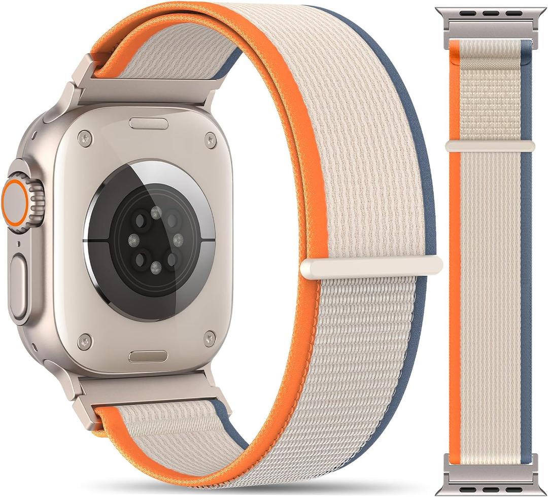 Trail Loop Nylon Band Compatible with Apple Watch Ultra 3/2/1 Bands 49mm 46mm 45mm 44mm 42mm, Sport Breathable Replacement iWatch Wrist Strap for SE Series 11 10 9 8 7 6 5 4 Men Women (Orange/BeigeSilver Connectors)