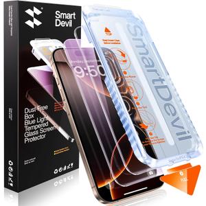 SMARTDEVIL 2 Pack for iPhone 16 Pro Max Screen Protector, Anti-Blue Light, Eye Protection & Reduce Eye Strain, 9H Tempered Glass with Auto Dust-Elimination, Bubble Free, Easy Installatio, Bubble-Free