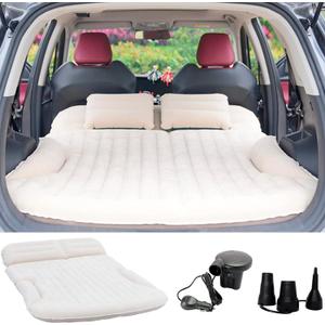 KMZ SUV Air Mattress Thickened and Double-Sided Flocking Travel Camping Bed with 2 Pillows & Pump Dedicated Mobile Cushion Inflatable Bed for SUV Trunk and Rear Seat (Beige and Coffee)