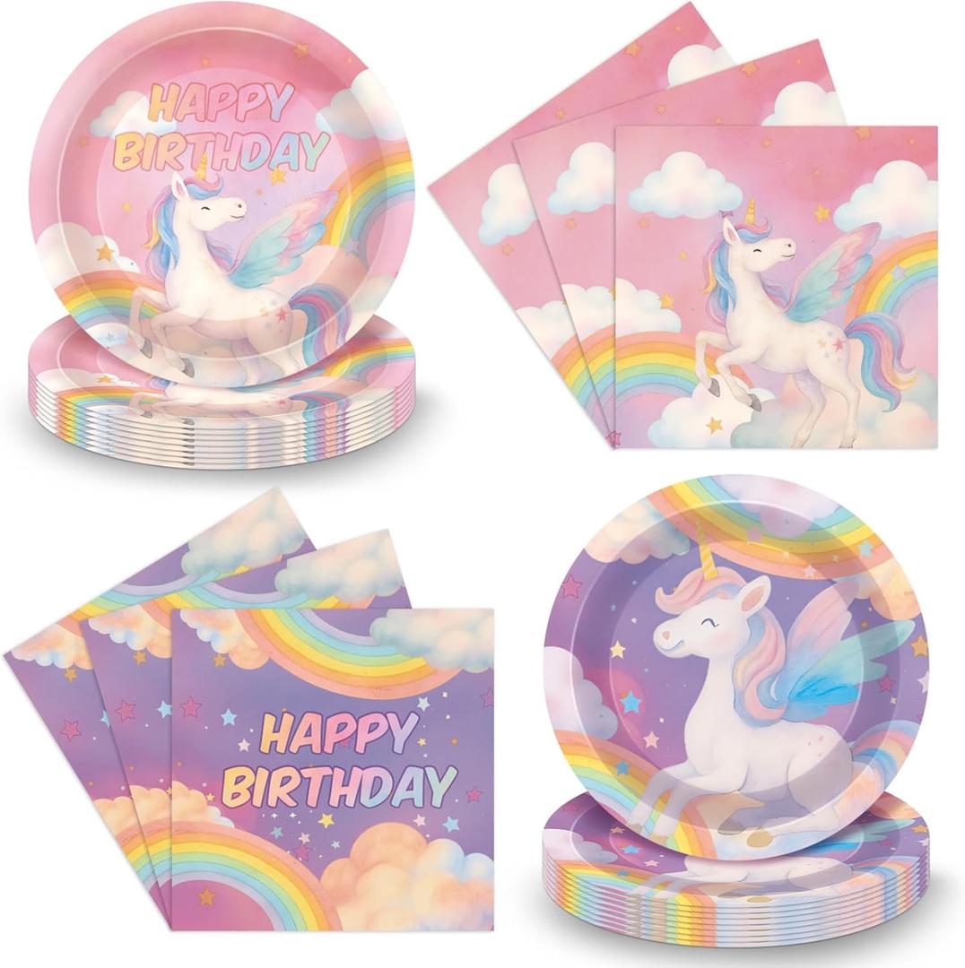 Unicorn Party Supplies for Girls Birthday  48PCS Pastel Paper Plates and Napkins, Rainbow Theme Tableware for Kids Dinner Dessert Baby Shower Decorations