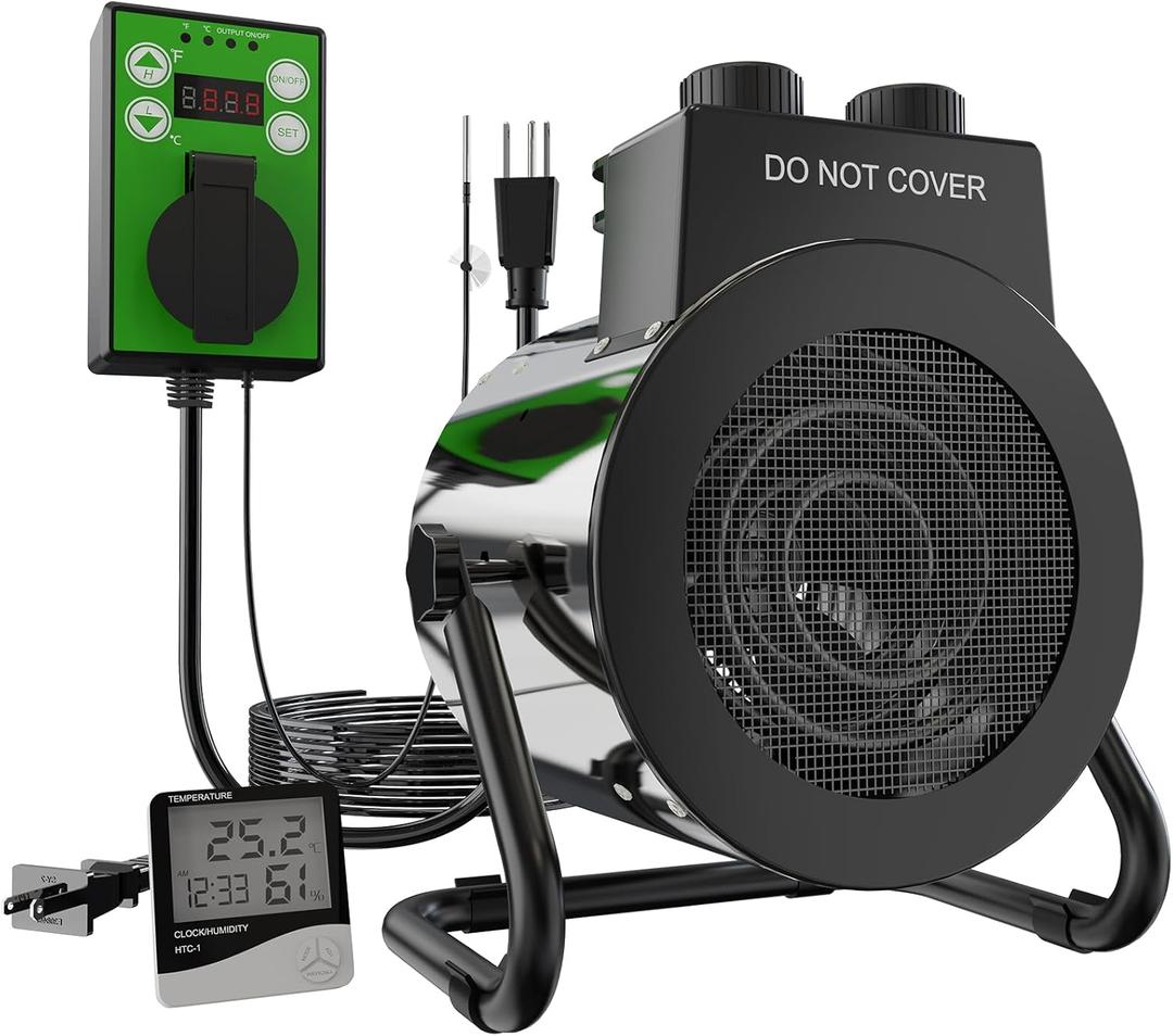 Electric Greenhouse Heater with Thermostat - 1500W Stainless Steel Outdoor Fan Heater, Overheat Protection and 3S Fast Heating,Green House Heating for Greenhouse, Patio, Garage, Flower Room (Silver)