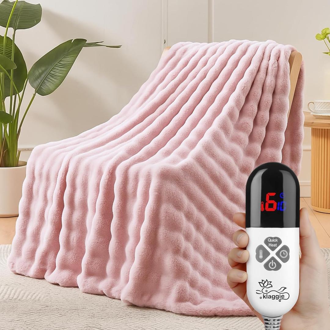 Electric Heated Blanket Throw 50"x60" Pink Ultra Soft Luxury Fluffy Faux Rabbit Fur Machine Washable 6 Heat Settings 4 Hours Auto Off Overheat Protection for Home Office Use