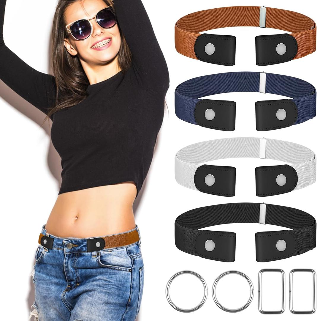 4 PcsNo Buckle Stretch Belt for Women and Men Elastic Waist Belt Invisible Belts for Jeans Pants ,L-XXL:Waist Size 32''-49'
