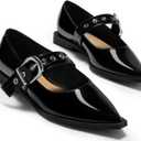 Coutgo Womens Mary Jane Flats Closed Pointed Toe Ballet Flat Studded Metal Adjustable Buckle Dress Shoes (8, Black)
