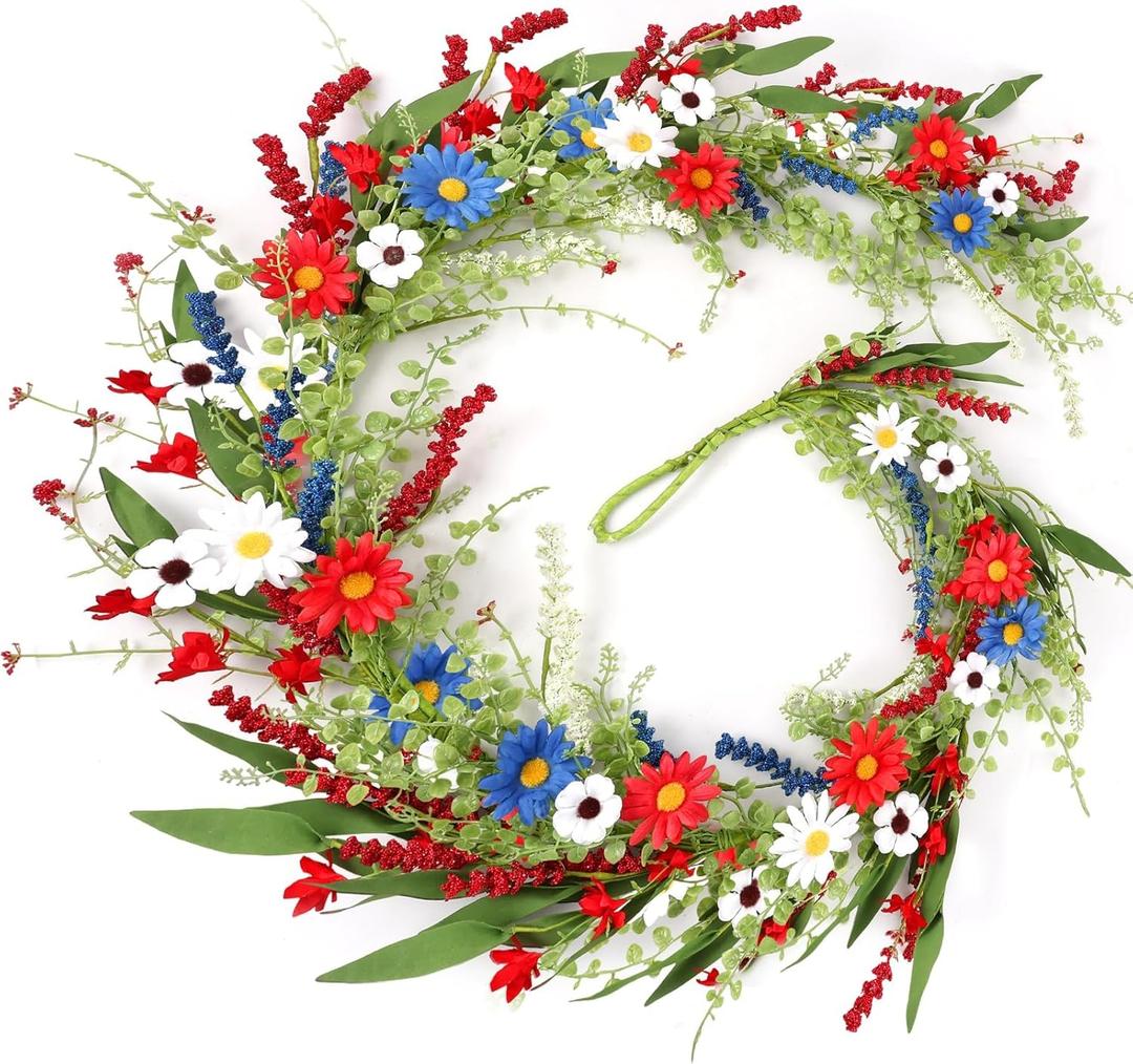 4th of July Flower Garland Wreath Patriotic Red Blue White Daisy Vine Garland Artificial Wild Floral Garland for Independence Day Arch Porch Stair Table Indoor Door Home All Year