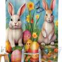 Easter Split Shower Curtain for Transfer Bench, Spring Rabbit Eggs Washable Fabric Bathroom Curtain Bunny Butterfly Flowers Bath Curtain with 2 Vertical Away Slits, 12 Hooks, 72''x72'' (Blue Yellow)