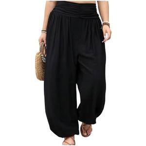 OYOANGLE Women's Plus Size Harem Pants Boho Lounge Pants Loose Fit Barrel Leg Palazzo Trousers, 3XL