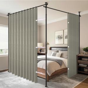 AJAZZ Privacy Curtains for Room Divider with Blackout & Soundproof (2 Panels, Grey, W100 x L96 in)+ No Drill Curtain Rods(H) 43-120(W) 35-200 in, Wall Divider for Bedroom/Studio/Office Curtain