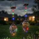 Outdoor Solar Lantern Solar Lights Outdoor Colorful LED Lanterns Powered Waterproof Garden Lanterns Retro Metal Lights with Handle for Garden Patio Yard Decor, 2 Pack Brown