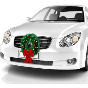 BBTO LED Lighted Car Wreath with Red Bow and Berries - Artificial Leaves, SUV & Truck Mounting Equipment for Holidays