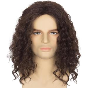 Yan Dream Mens Brown Curly Wig for Costume Party Middle Part Retro 80s Brown Cosplay Wigs for Adults
