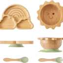 Bamboo Suction Plates Bowls Set for Baby Toddler Divided Platter Food bowl with Silicone Fork & Spoon All-Natural Baby Feeding Set for Baby-Led Weaning, Non-Slip Design