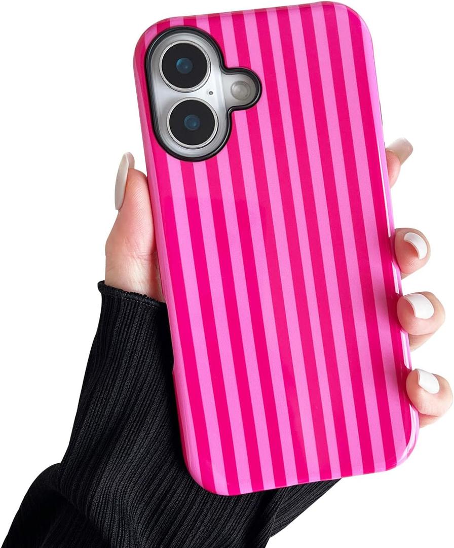 Compatible with iPhone 16 Case, Cute Fashion Aesthetic Striped Pattern Cover for Women, Shockproof Soft TPU and Hard PC Protective Phone Case for iPhone 16 6.1"- Hot Pink